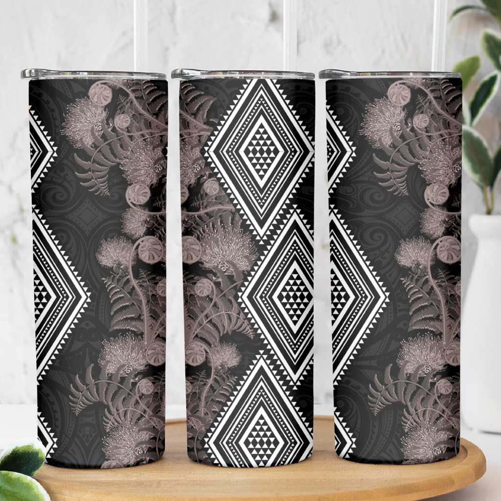 Aotearoa Tukutuku Motif Skinny Tumbler Pohutukawa and Fern Leaves Grayscale Color