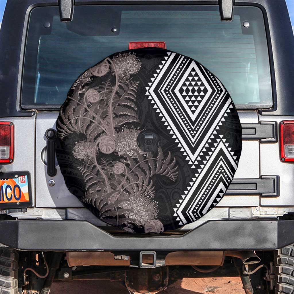 Aotearoa Tukutuku Motif Spare Tire Cover Pohutukawa and Fern Leaves Grayscale Color