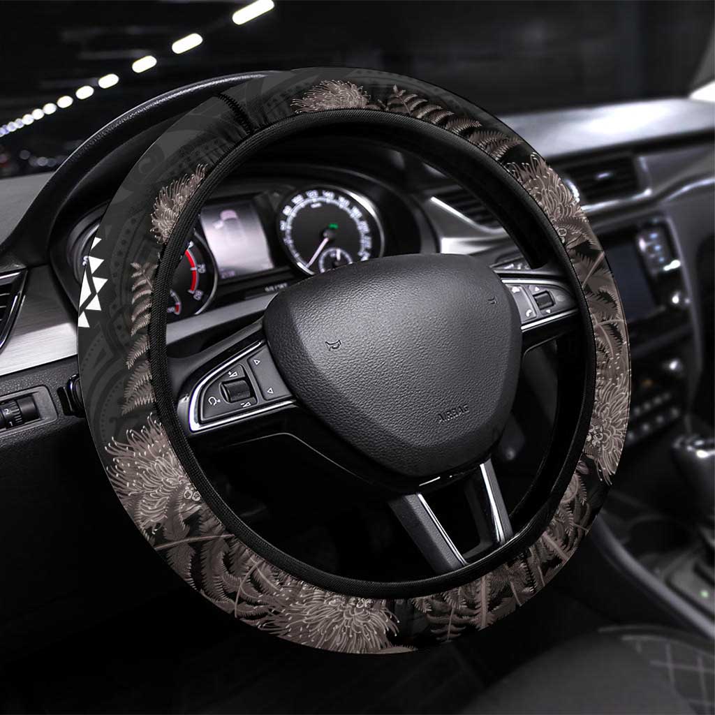 Aotearoa Tukutuku Motif Steering Wheel Cover Pohutukawa and Fern Leaves Grayscale Color LT03 Universal Fit Black - Polynesian Pride