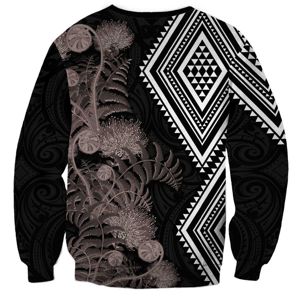 Aotearoa Tukutuku Motif Sweatshirt Pohutukawa and Fern Leaves Grayscale Color