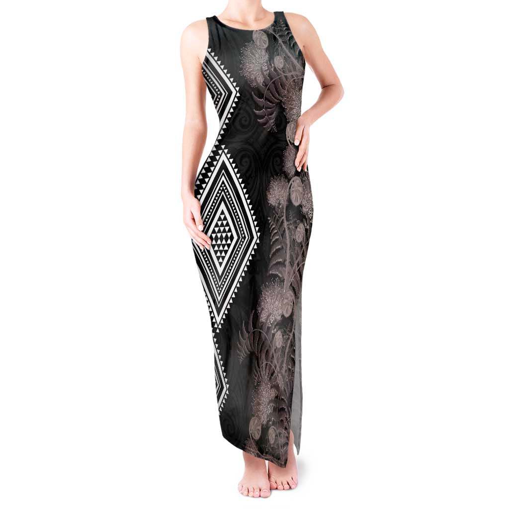 Aotearoa Tukutuku Motif Tank Maxi Dress Pohutukawa and Fern Leaves Grayscale Color LT03 Women Black - Polynesian Pride