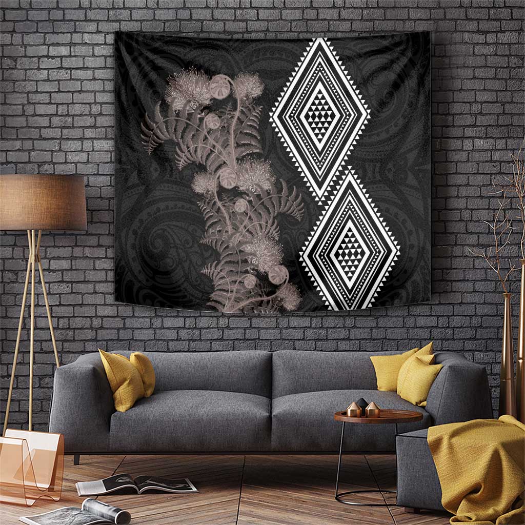 Aotearoa Tukutuku Motif Tapestry Pohutukawa and Fern Leaves Grayscale Color