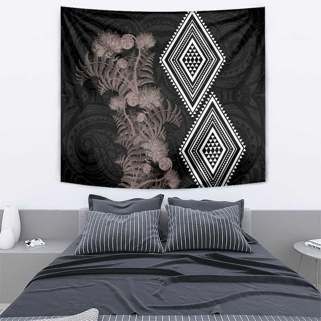 Aotearoa Tukutuku Motif Tapestry Pohutukawa and Fern Leaves Grayscale Color