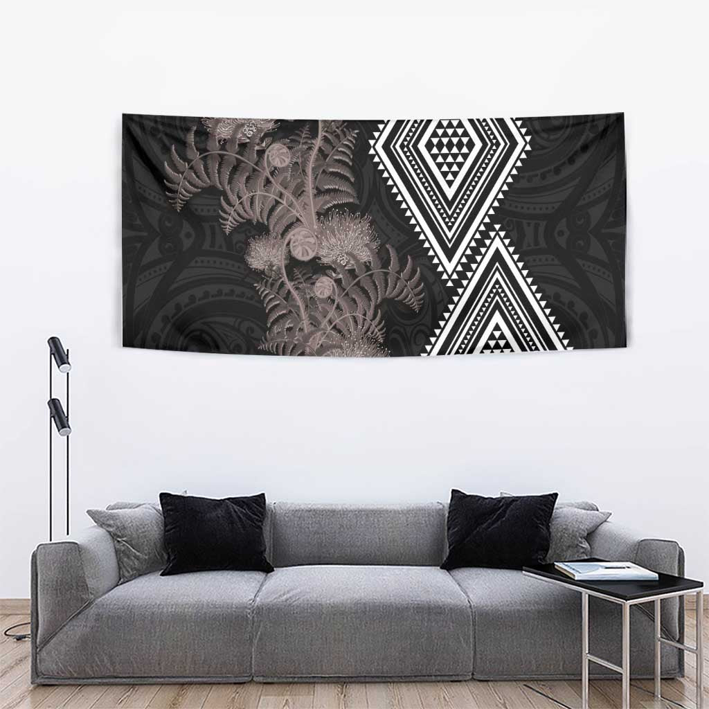 Aotearoa Tukutuku Motif Tapestry Pohutukawa and Fern Leaves Grayscale Color