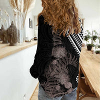 Aotearoa Tukutuku Motif Women Casual Shirt Pohutukawa and Fern Leaves Grayscale Color