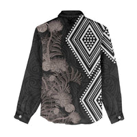 Aotearoa Tukutuku Motif Women Casual Shirt Pohutukawa and Fern Leaves Grayscale Color