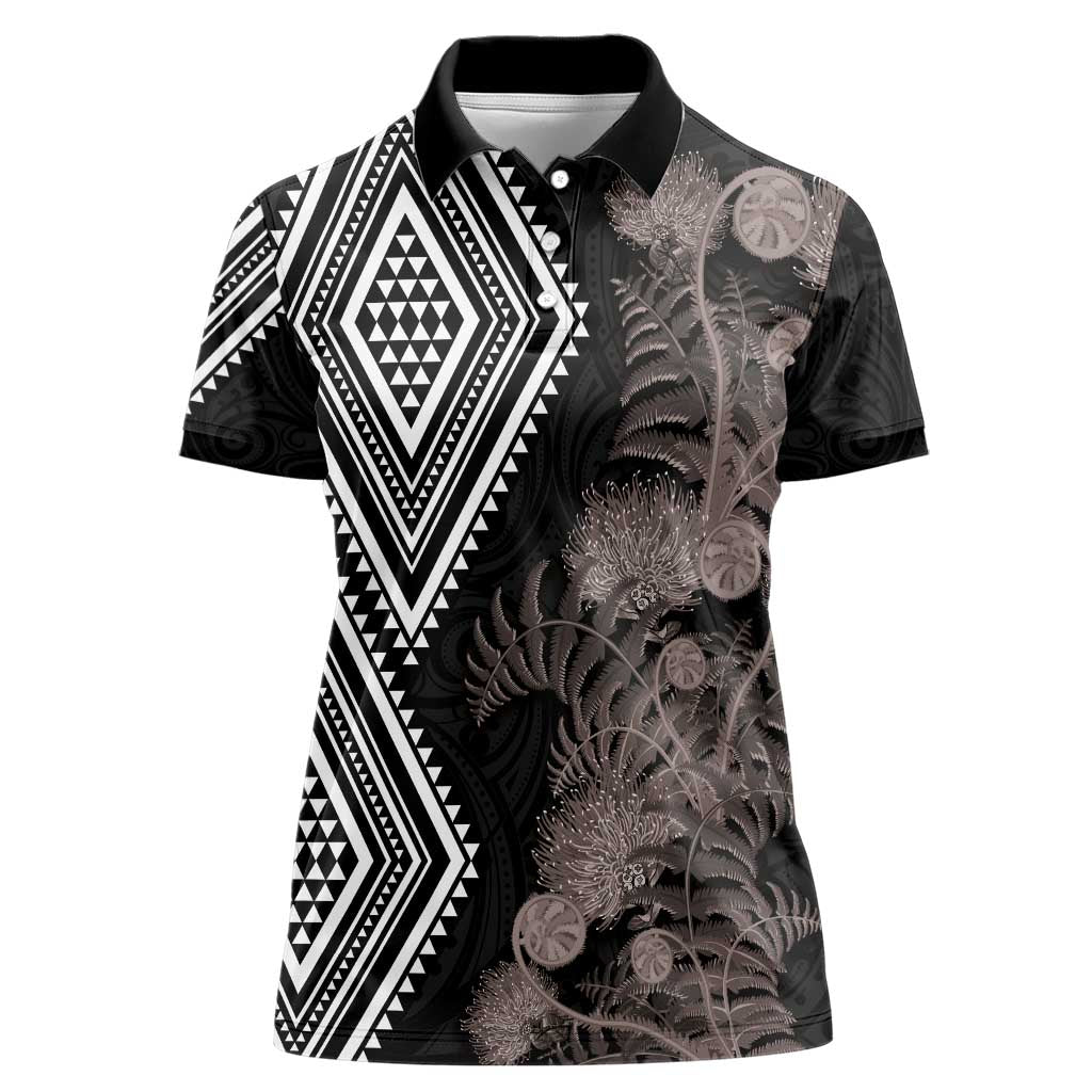 Aotearoa Tukutuku Motif Women Polo Shirt Pohutukawa and Fern Leaves Grayscale Color