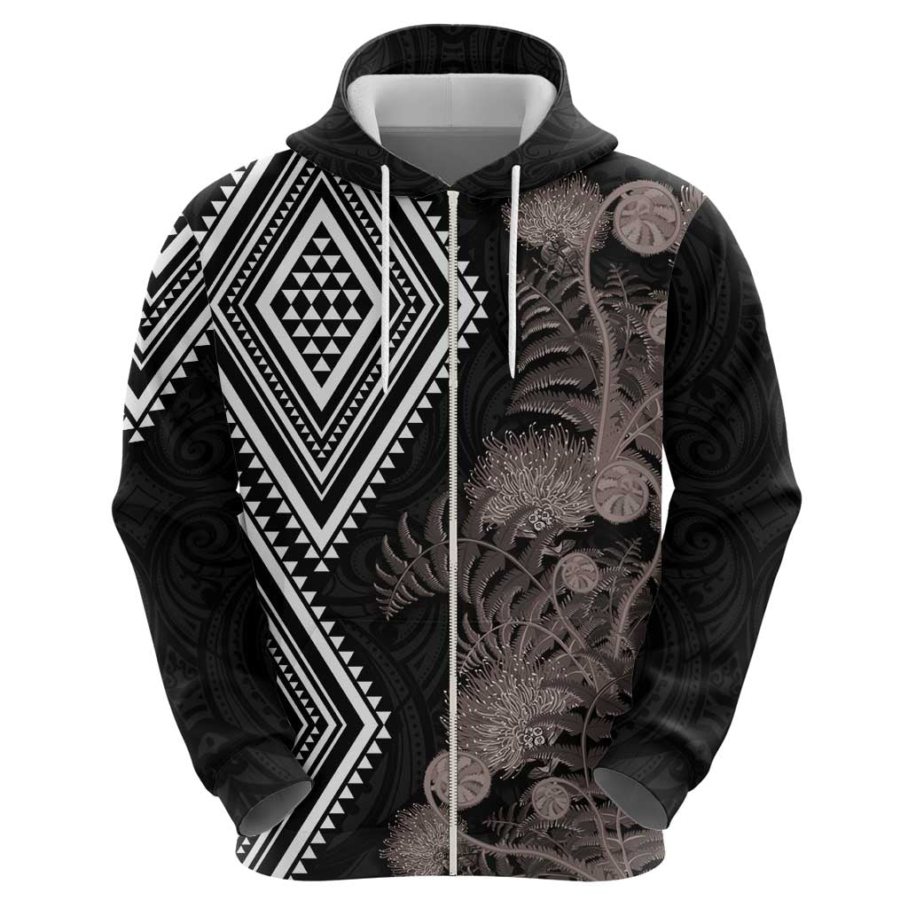 Aotearoa Tukutuku Motif Zip Hoodie Pohutukawa and Fern Leaves Grayscale Color