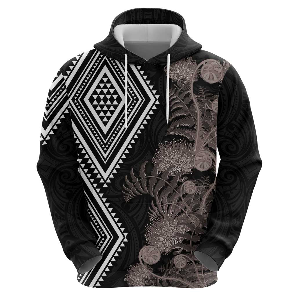 Aotearoa Tukutuku Motif Zip Hoodie Pohutukawa and Fern Leaves Grayscale Color