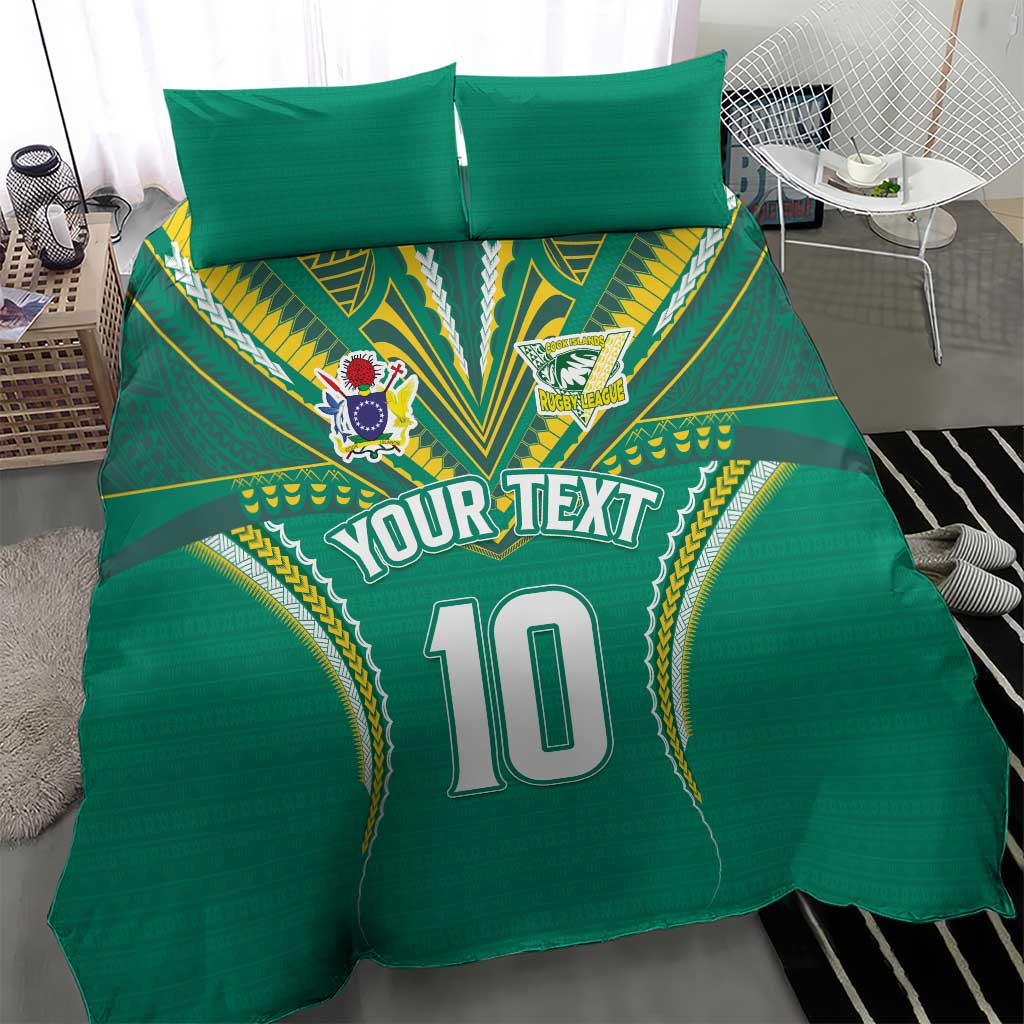 Custom Cook Islands Rugby Bedding Set Tatau Art Sport Style Green Color LT03 - Polynesian Pride