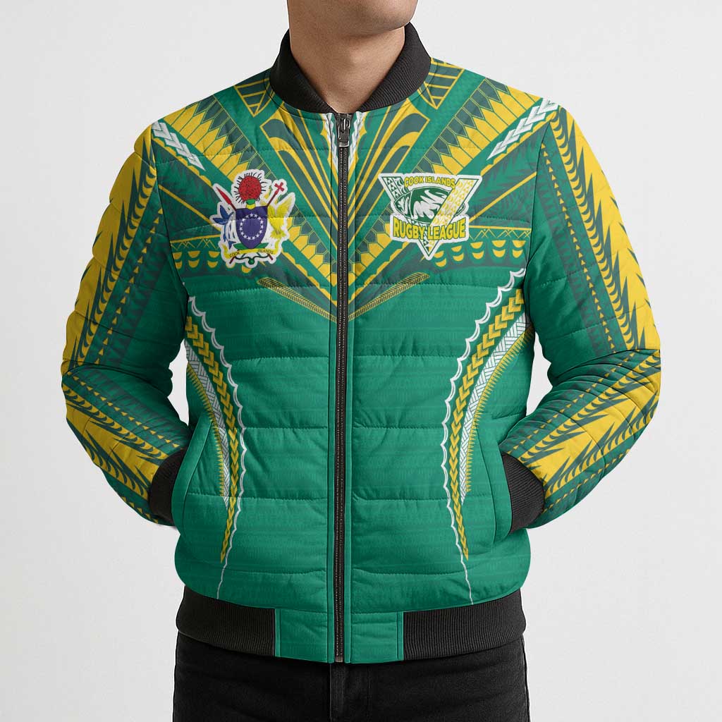 Custom Cook Islands Rugby Bomber Puffer Jacket Tatau Art Sport Style Green Color LT03 - Polynesian Pride