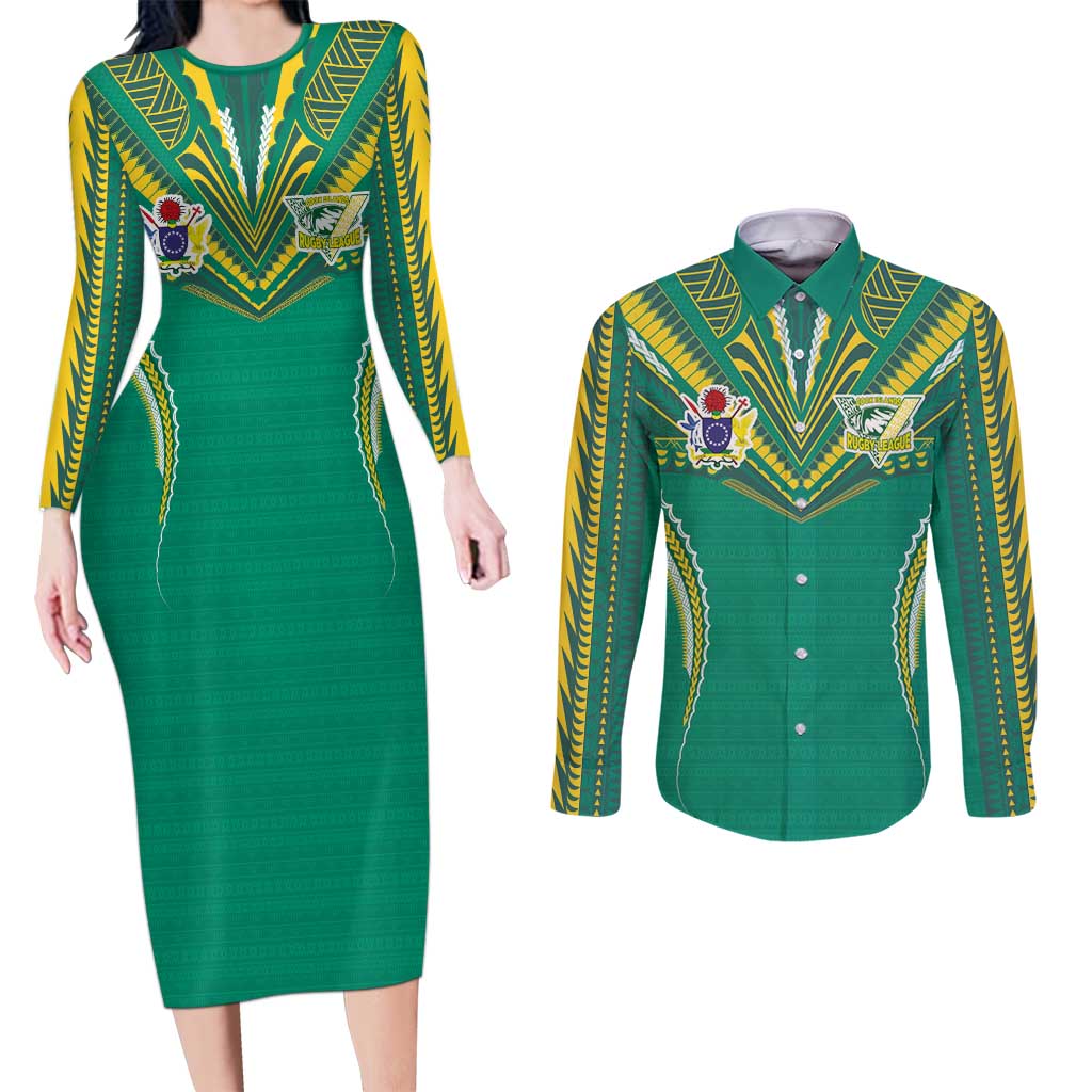 Custom Cook Islands Rugby Couples Matching Long Sleeve Bodycon Dress and Long Sleeve Button Shirt Tatau Art Sport Style Green Color LT03 Green - Polynesian Pride