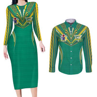 Custom Cook Islands Rugby Couples Matching Long Sleeve Bodycon Dress and Long Sleeve Button Shirt Tatau Art Sport Style Green Color