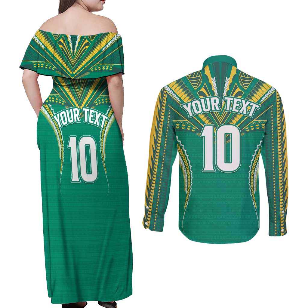 Custom Cook Islands Rugby Couples Matching Off Shoulder Maxi Dress and Long Sleeve Button Shirt Tatau Art Sport Style Green Color