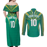 Custom Cook Islands Rugby Couples Matching Off Shoulder Maxi Dress and Long Sleeve Button Shirt Tatau Art Sport Style Green Color