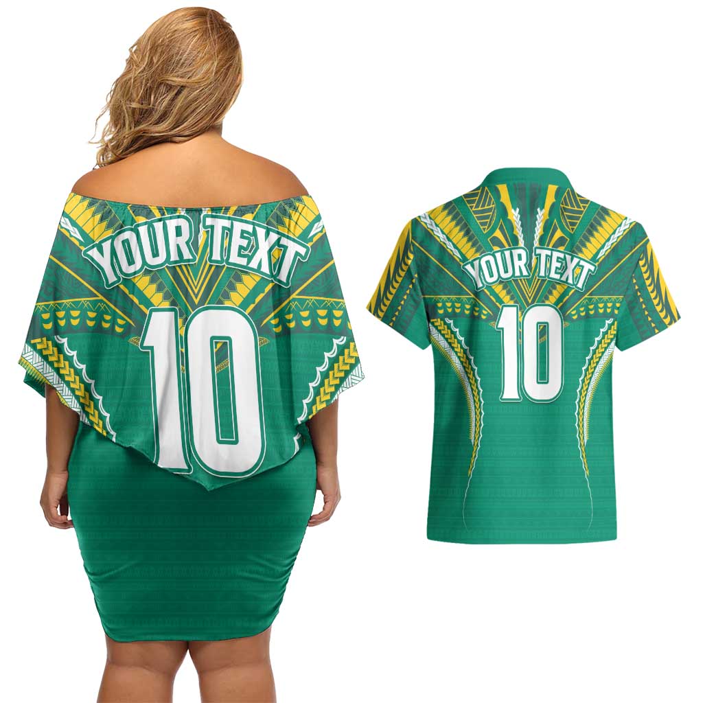 Custom Cook Islands Rugby Couples Matching Off Shoulder Short Dress and Hawaiian Shirt Tatau Art Sport Style Green Color