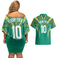 Custom Cook Islands Rugby Couples Matching Off Shoulder Short Dress and Hawaiian Shirt Tatau Art Sport Style Green Color
