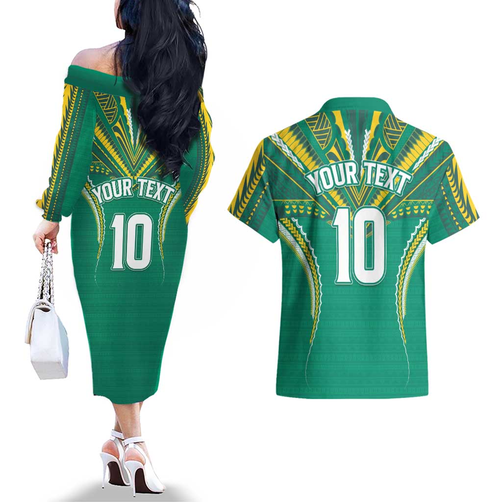 Custom Cook Islands Rugby Couples Matching Off The Shoulder Long Sleeve Dress and Hawaiian Shirt Tatau Art Sport Style Green Color