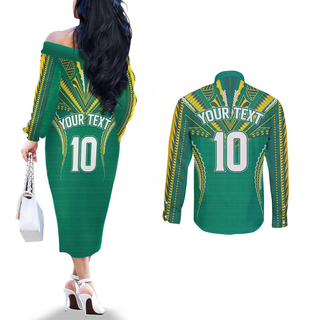 Custom Cook Islands Rugby Couples Matching Off The Shoulder Long Sleeve Dress and Long Sleeve Button Shirt Tatau Art Sport Style Green Color