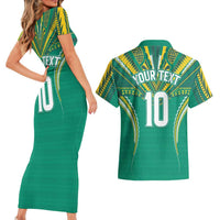 Custom Cook Islands Rugby Couples Matching Short Sleeve Bodycon Dress and Hawaiian Shirt Tatau Art Sport Style Green Color