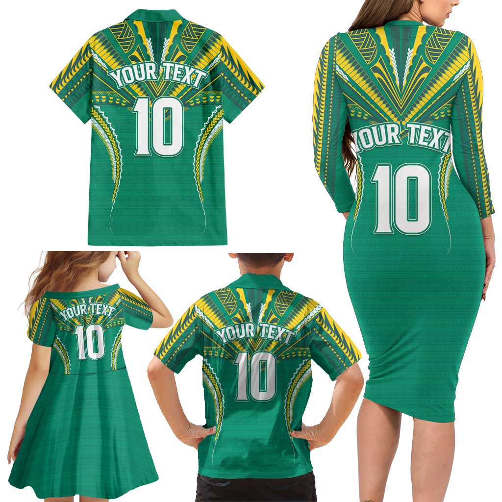 Custom Cook Islands Rugby Family Matching Long Sleeve Bodycon Dress and Hawaiian Shirt Tatau Art Sport Style Green Color