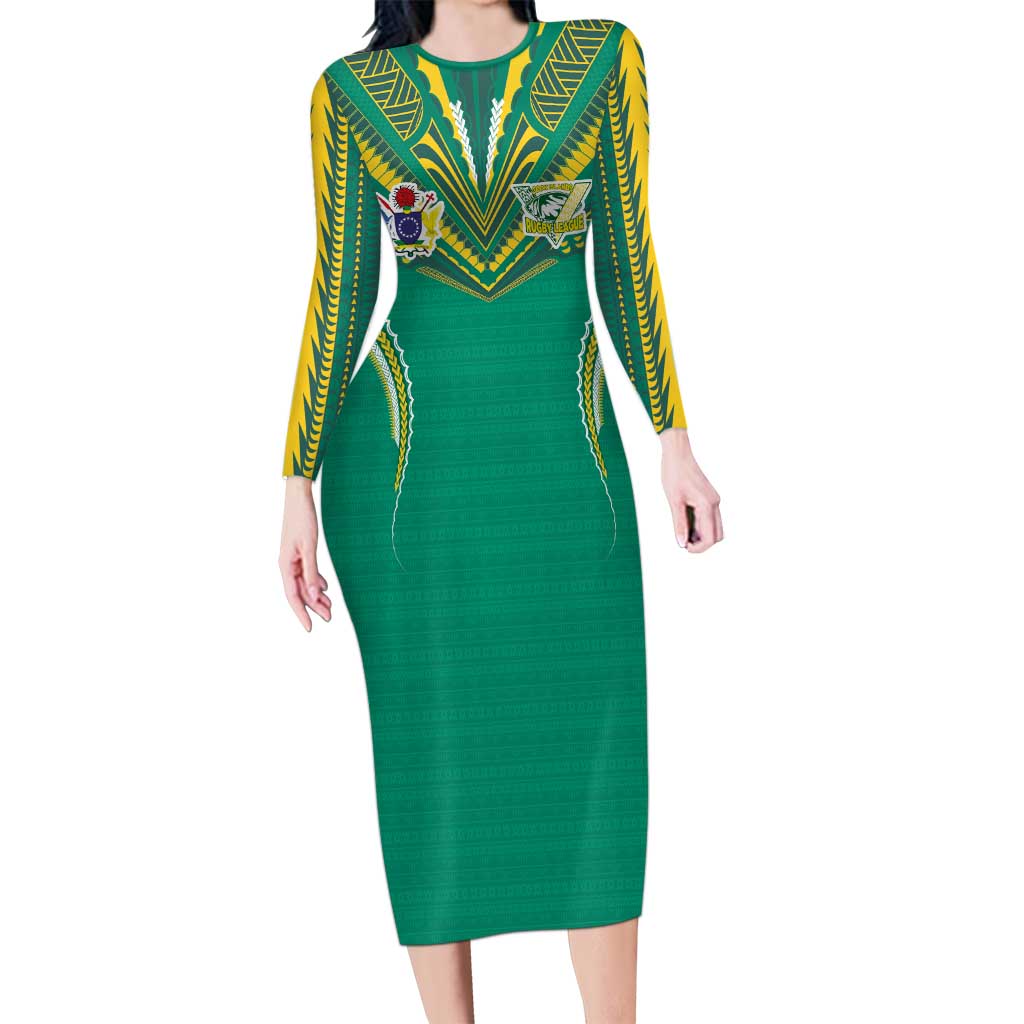 Custom Cook Islands Rugby Family Matching Long Sleeve Bodycon Dress and Hawaiian Shirt Tatau Art Sport Style Green Color