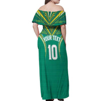 Custom Cook Islands Rugby Family Matching Off Shoulder Maxi Dress and Hawaiian Shirt Tatau Art Sport Style Green Color
