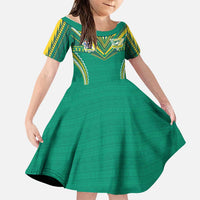 Custom Cook Islands Rugby Family Matching Off Shoulder Short Dress and Hawaiian Shirt Tatau Art Sport Style Green Color