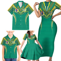 Custom Cook Islands Rugby Family Matching Short Sleeve Bodycon Dress and Hawaiian Shirt Tatau Art Sport Style Green Color