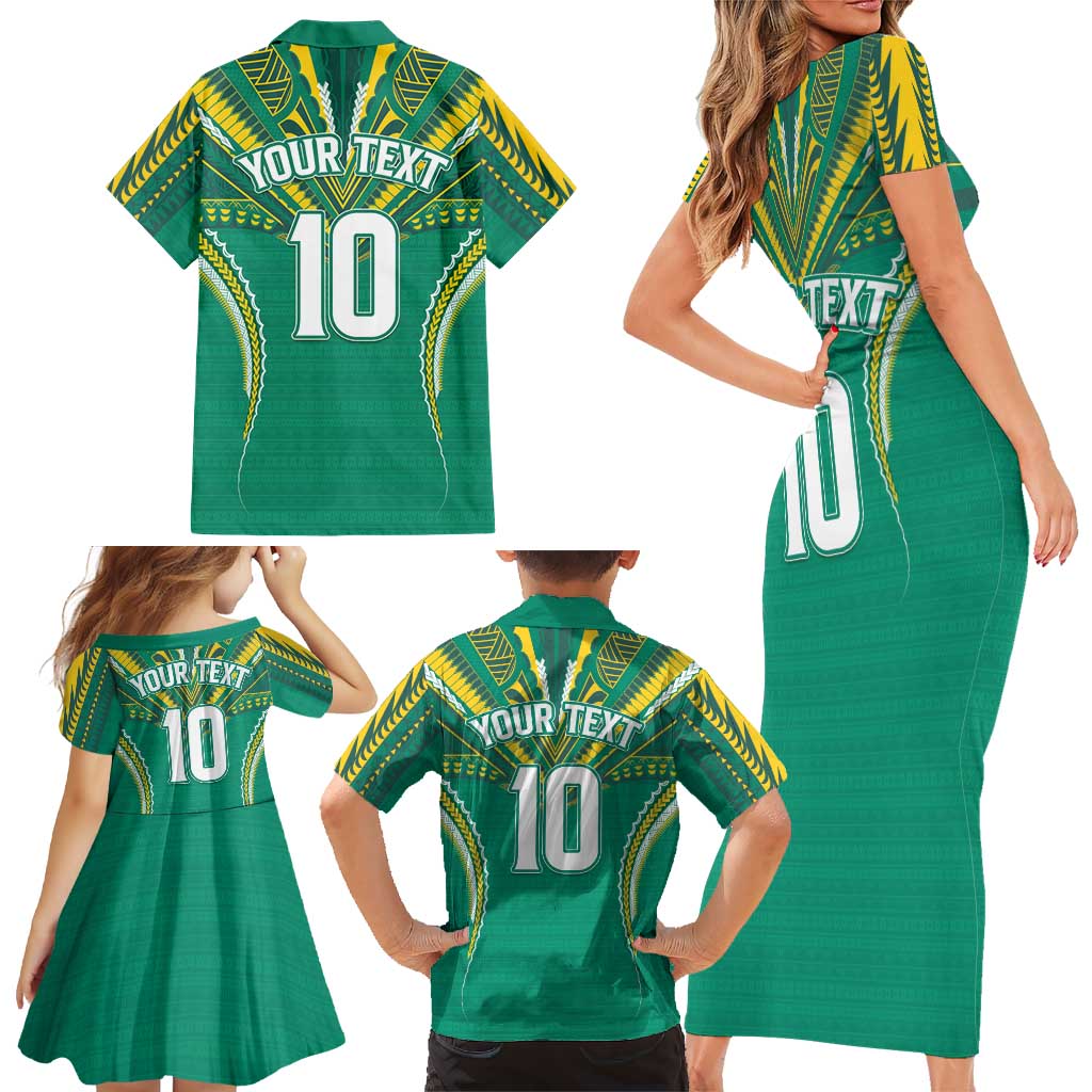 Custom Cook Islands Rugby Family Matching Short Sleeve Bodycon Dress and Hawaiian Shirt Tatau Art Sport Style Green Color