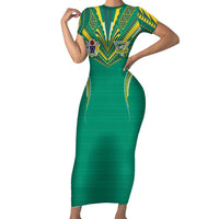 Custom Cook Islands Rugby Family Matching Short Sleeve Bodycon Dress and Hawaiian Shirt Tatau Art Sport Style Green Color