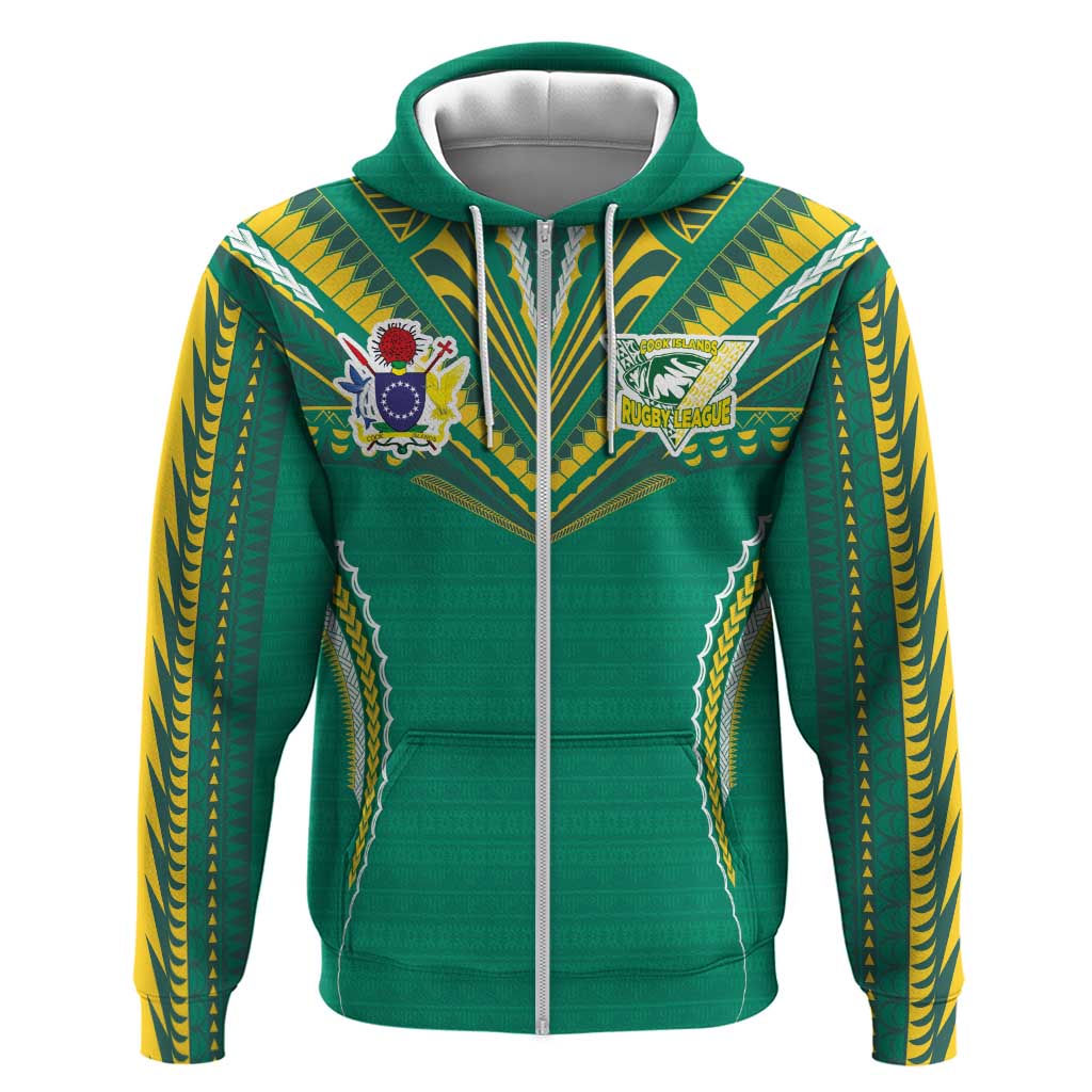 Custom Cook Islands Rugby Hoodie Tatau Art Sport Style Green Color LT03 Zip Hoodie Green - Polynesian Pride