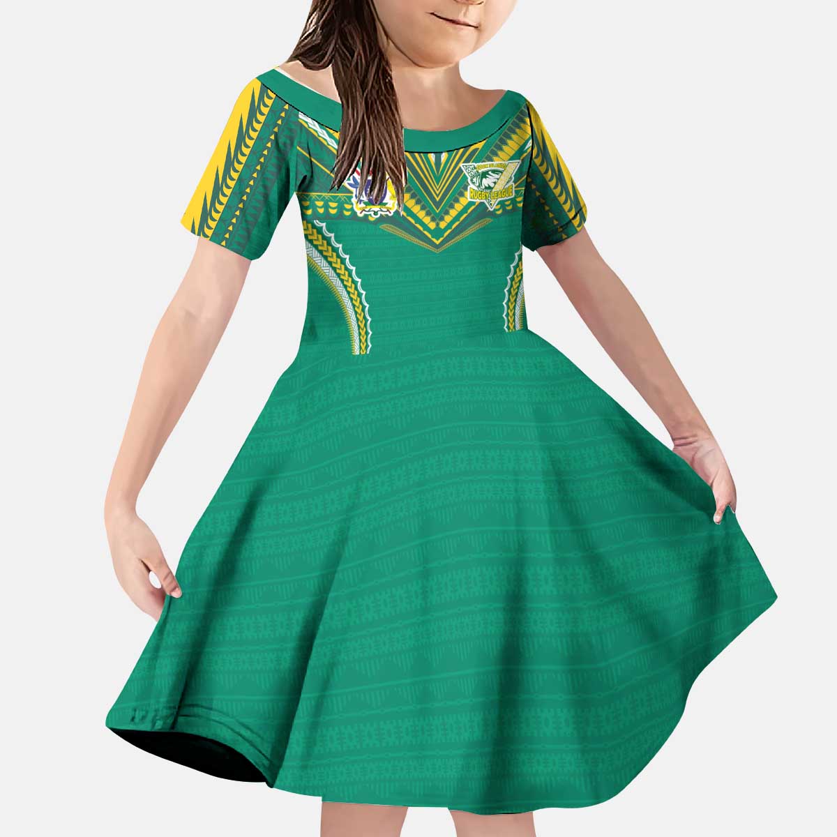 Custom Cook Islands Rugby Kid Short Sleeve Dress Tatau Art Sport Style Green Color LT03 KID Green - Polynesian Pride