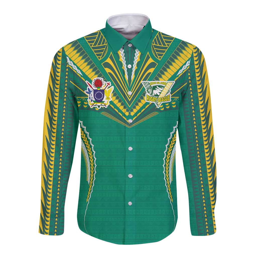 Custom Cook Islands Rugby Long Sleeve Button Shirt Tatau Art Sport Style Green Color LT03 Unisex Green - Polynesian Pride