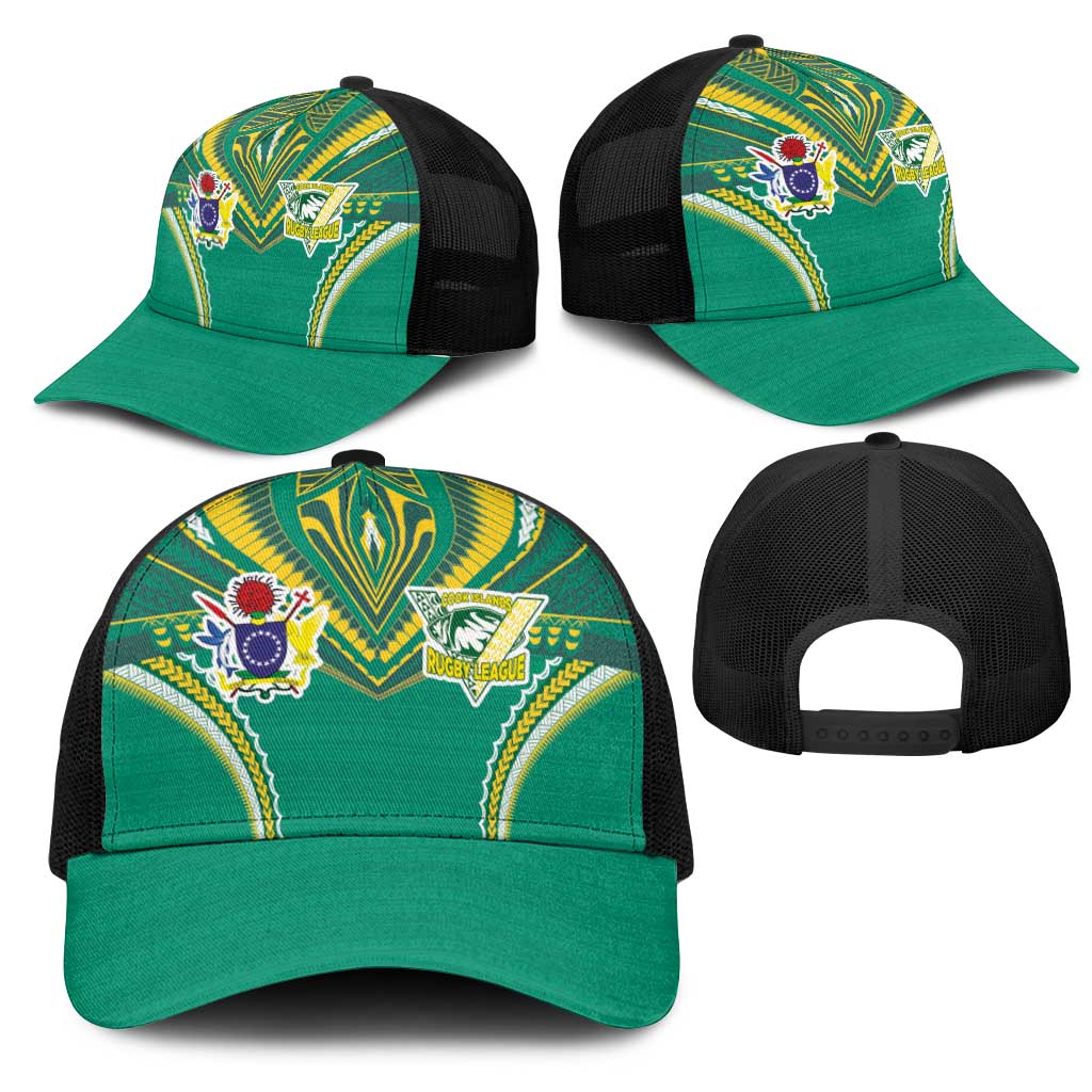 Cook Islands Rugby Mesh Trucker Cap Tatau Art Sport Style Green Color LT03 - Polynesian Pride
