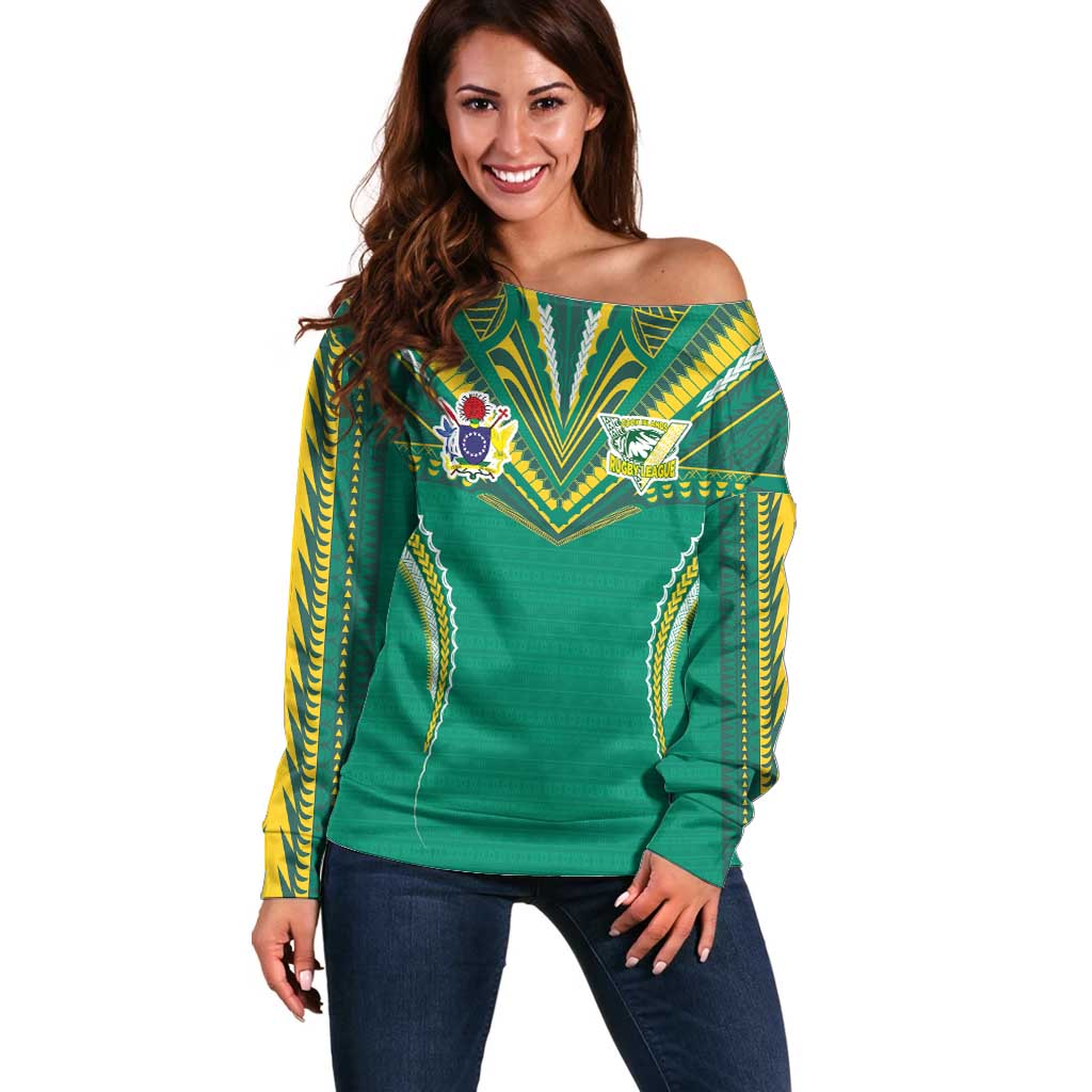 Custom Cook Islands Rugby Off Shoulder Sweater Tatau Art Sport Style Green Color LT03 Women Green - Polynesian Pride