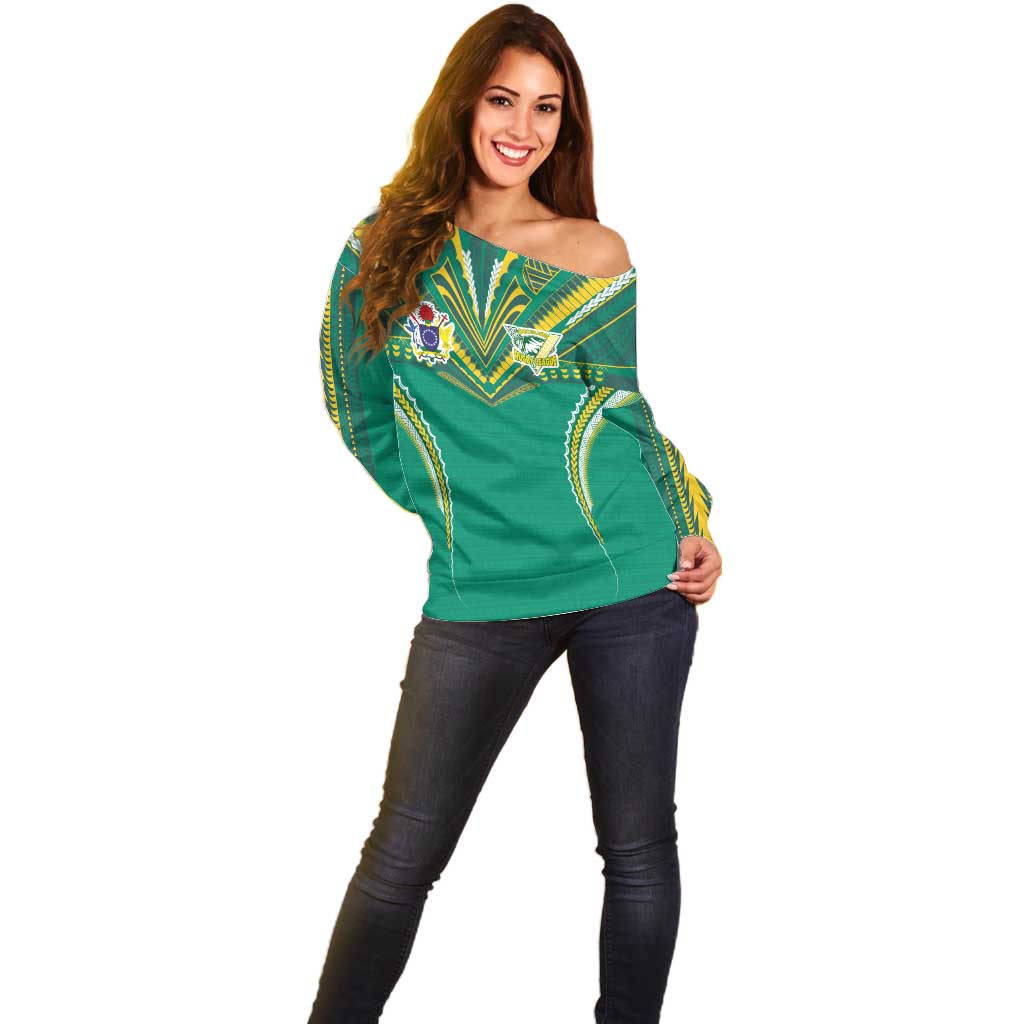 Custom Cook Islands Rugby Off Shoulder Sweater Tatau Art Sport Style Green Color LT03 - Polynesian Pride