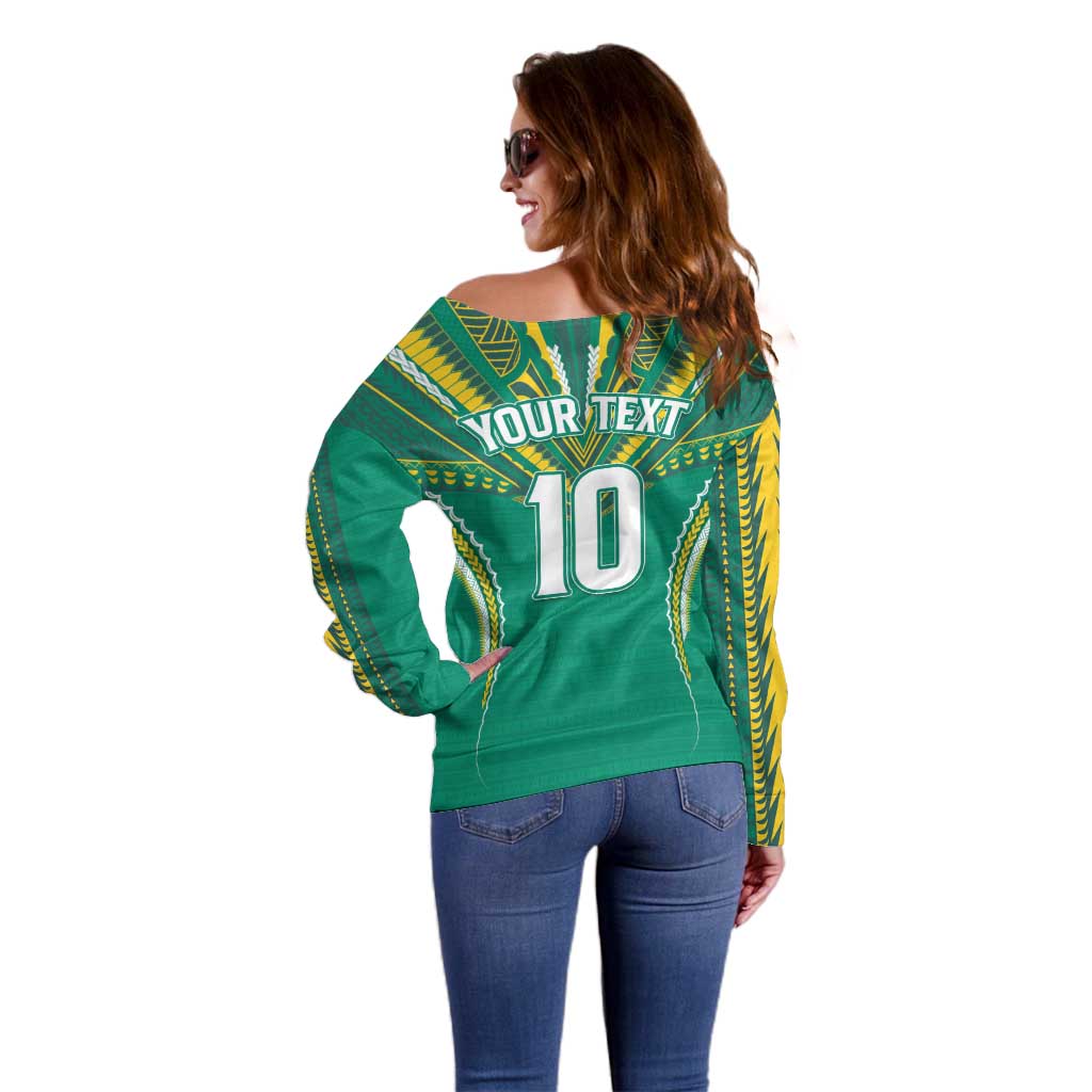 Custom Cook Islands Rugby Off Shoulder Sweater Tatau Art Sport Style Green Color LT03 - Polynesian Pride