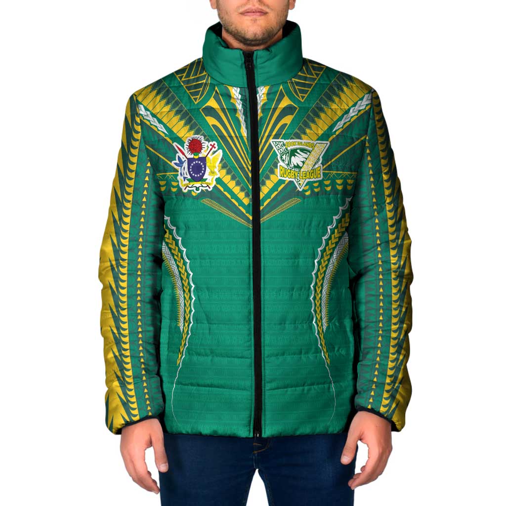 Custom Cook Islands Rugby Padded Jacket Tatau Art Sport Style Green Color LT03 Men Green - Polynesian Pride