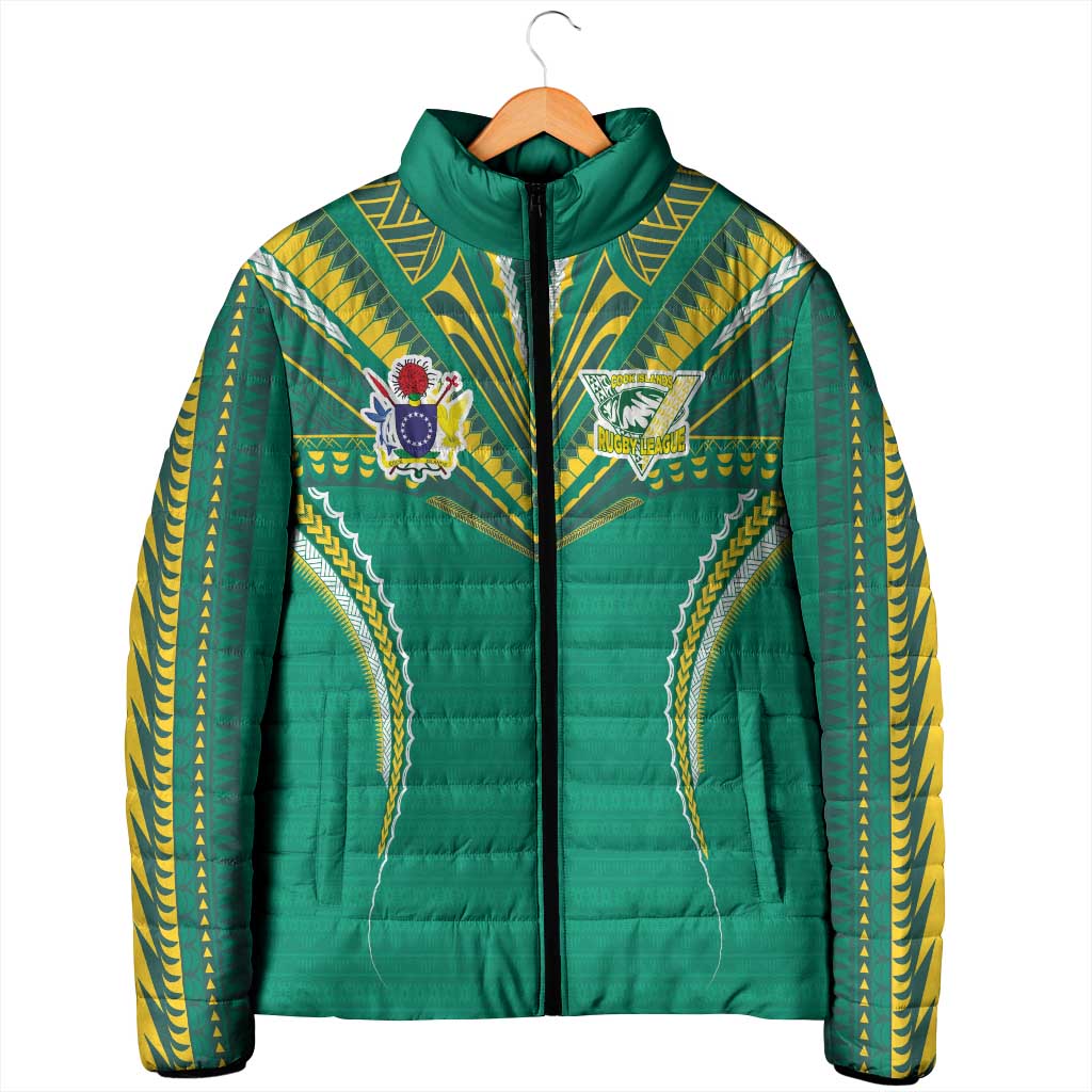 Custom Cook Islands Rugby Padded Jacket Tatau Art Sport Style Green Color LT03 - Polynesian Pride