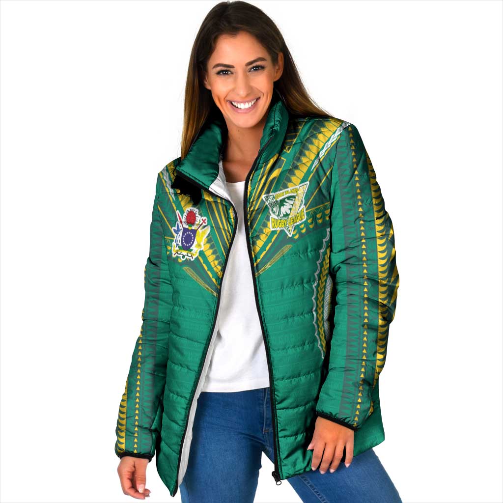 Custom Cook Islands Rugby Padded Jacket Tatau Art Sport Style Green Color LT03 Women Green - Polynesian Pride