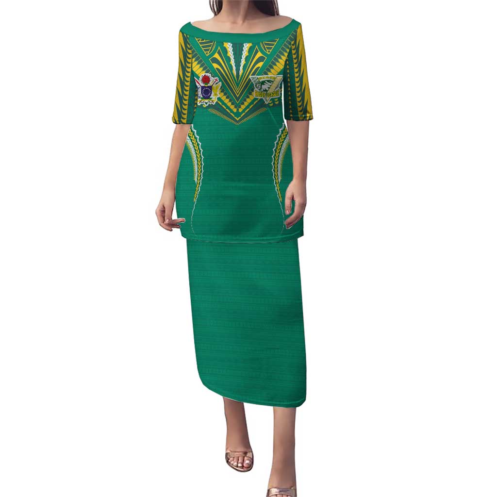 Custom Cook Islands Rugby Puletasi Tatau Art Sport Style Green Color LT03 Long Dress Green - Polynesian Pride