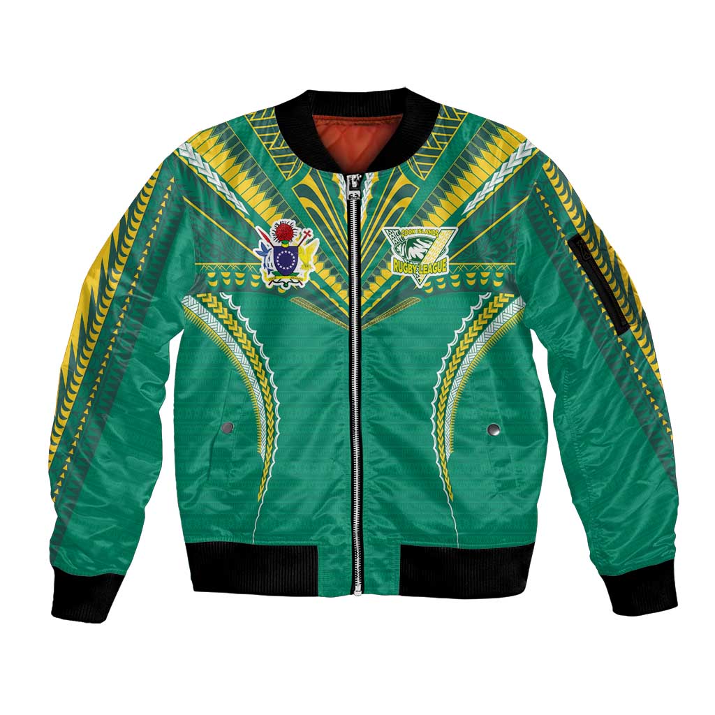 Custom Cook Islands Rugby Sleeve Zip Bomber Jacket Tatau Art Sport Style Green Color LT03 Unisex Green - Polynesian Pride