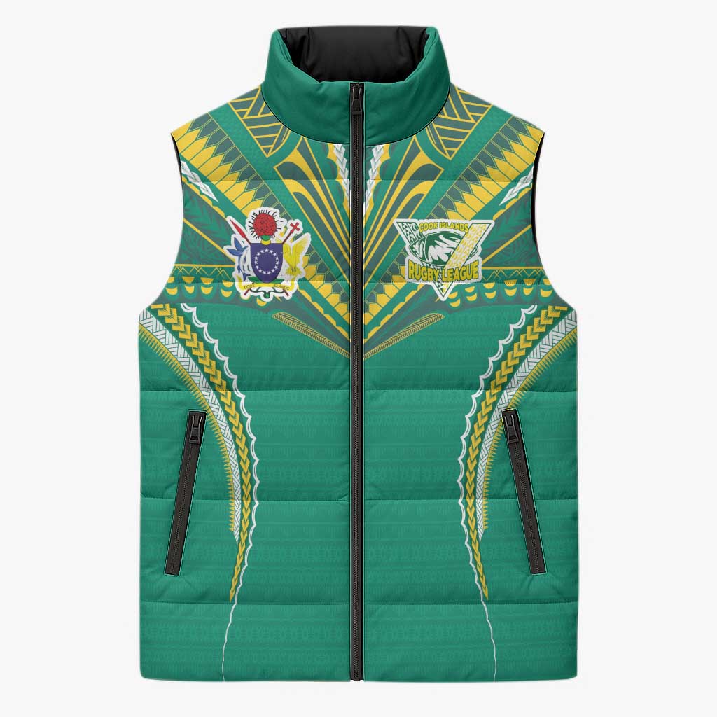 Custom Cook Islands Rugby Sleeveless Puffer Jacket Tatau Art Sport Style Green Color LT03 Unisex Green - Polynesian Pride