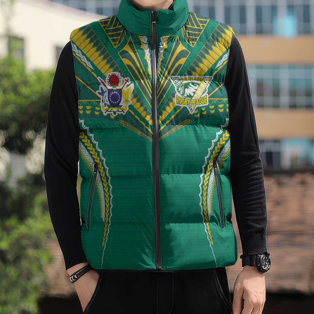 Custom Cook Islands Rugby Sleeveless Puffer Jacket Tatau Art Sport Style Green Color LT03 - Polynesian Pride