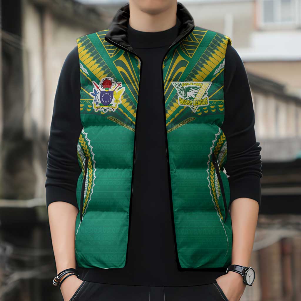Custom Cook Islands Rugby Sleeveless Puffer Jacket Tatau Art Sport Style Green Color LT03 - Polynesian Pride