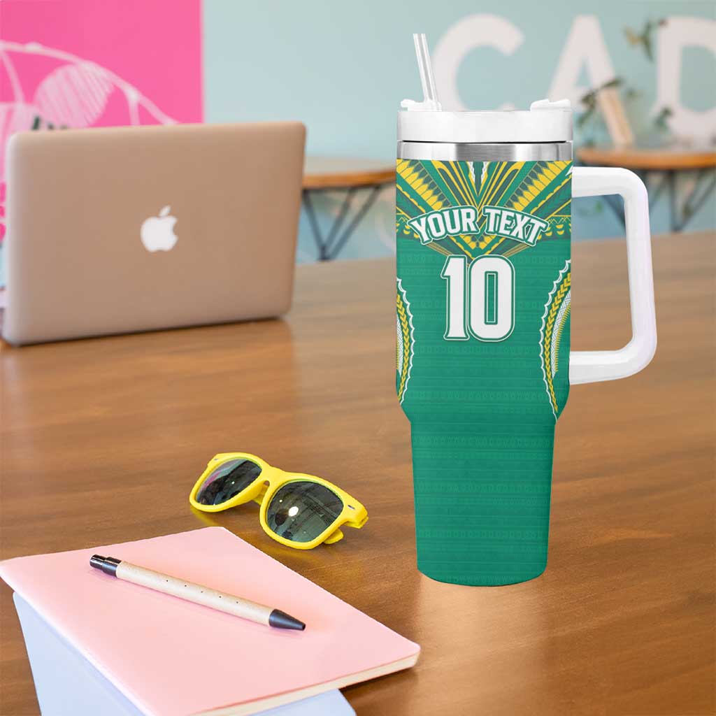 Custom Cook Islands Rugby Tumbler With Handle Tatau Art Sport Style Green Color