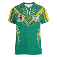 Custom Cook Islands Rugby Women V-Neck T-Shirt Tatau Art Sport Style Green Color