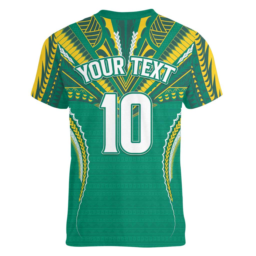 Custom Cook Islands Rugby Women V-Neck T-Shirt Tatau Art Sport Style Green Color