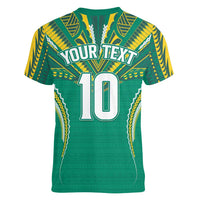 Custom Cook Islands Rugby Women V-Neck T-Shirt Tatau Art Sport Style Green Color